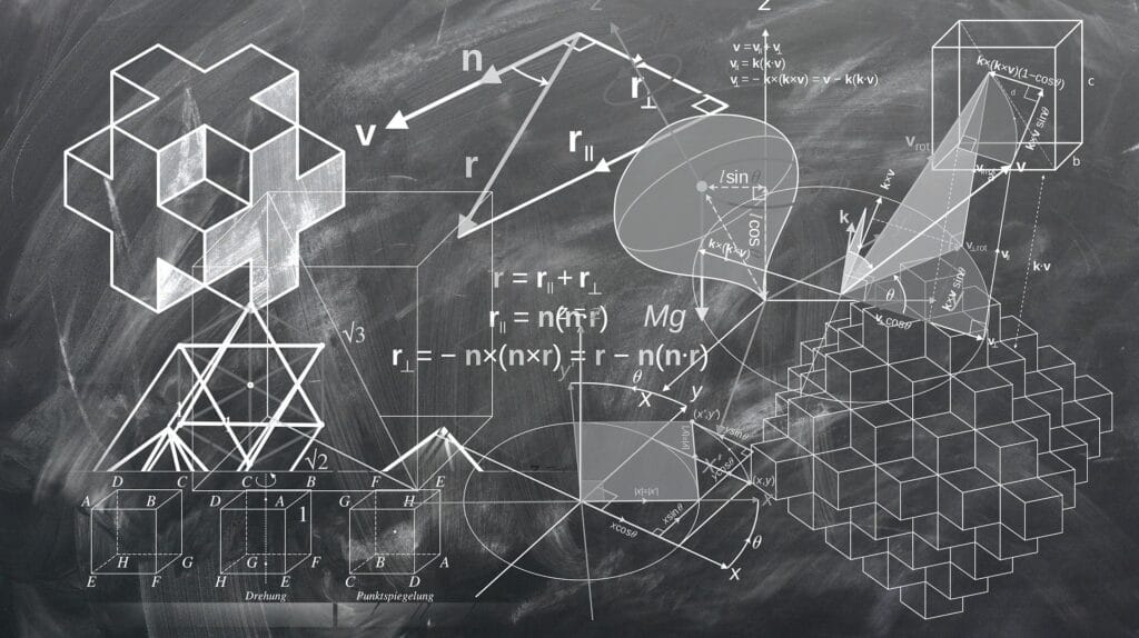 Tableau avec démonstrations mathématiques, pour illustrer l'option mathématiques à l'ESND